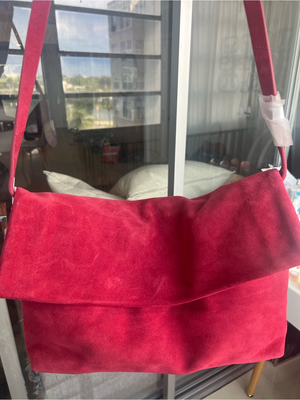 &Other Stories Suede Fold-Over Shoulder Bag in Berry Red New